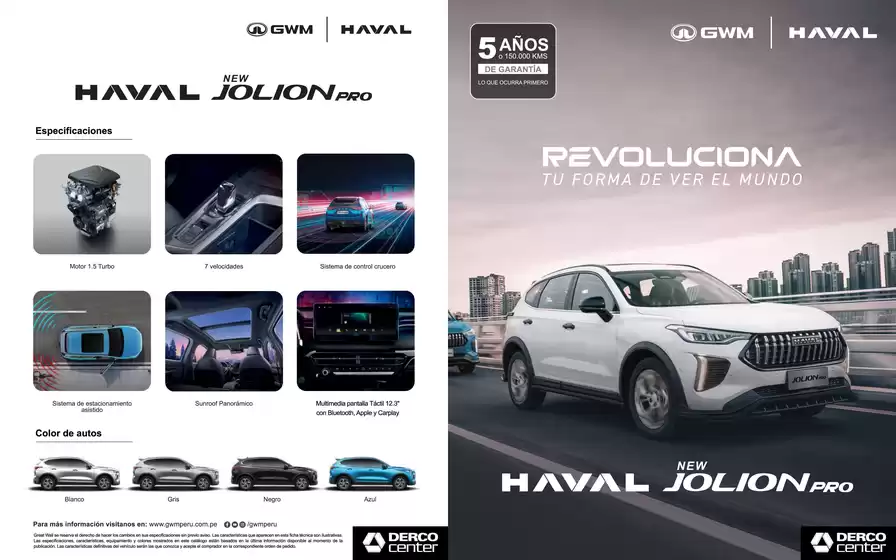 Catálogo Derco | Haval Haval Jolion Pro JOLION PRO 1.5 AT 2026 | 2026-02-11T00:00:00.000Z - 2026-12-31T00:00:00.000Z
