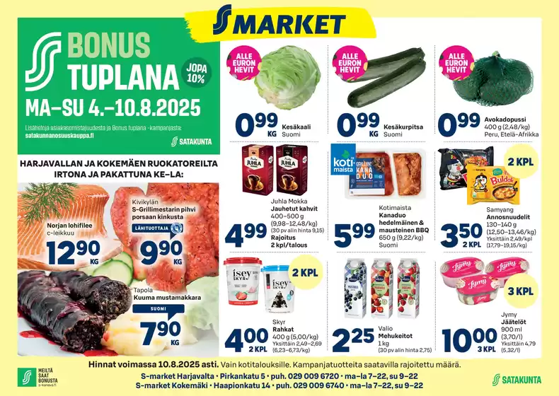 S-Market -luettelo, Kuhmo | S-market Harjavalta ja Kokemäki SYS 7.8.2025 | 2025-08-04T00:00:00.000Z - 2025-08-10T00:00:00.000Z