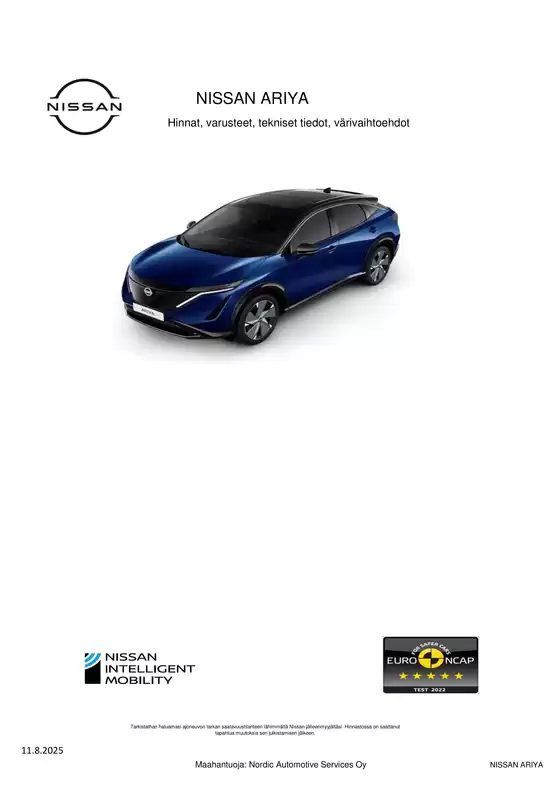 Nissan -luettelo | ARIYA Asiakashinnasto 11 08 2025 | 2025-08-13T00:00:00.000Z - 2025-12-31T00:00:00.000Z