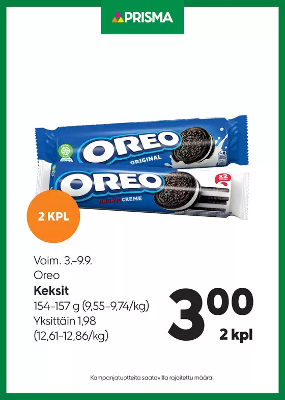 Prisma -luettelo, Kerava | Prisma Oreo keksit 3.–9.9. | 2025-09-03T00:00:00.000Z - 2025-09-17T00:00:00.000Z