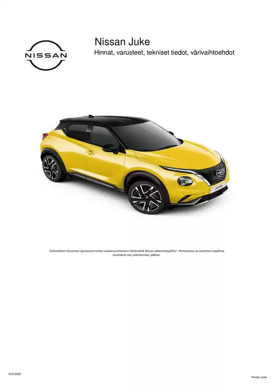 Nissan -luettelo, Raahe | JUKE Asiakashinnasto 25 08 2025 | 2025-09-16T00:00:00.000Z - 2025-12-31T00:00:00.000Z