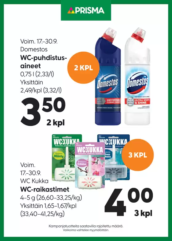 Prisma -luettelo, Hankasalmi | Prisma WC-puhdistusaineet 17.–30.9. | 2025-09-23T00:00:00.000Z - 2025-10-07T00:00:00.000Z