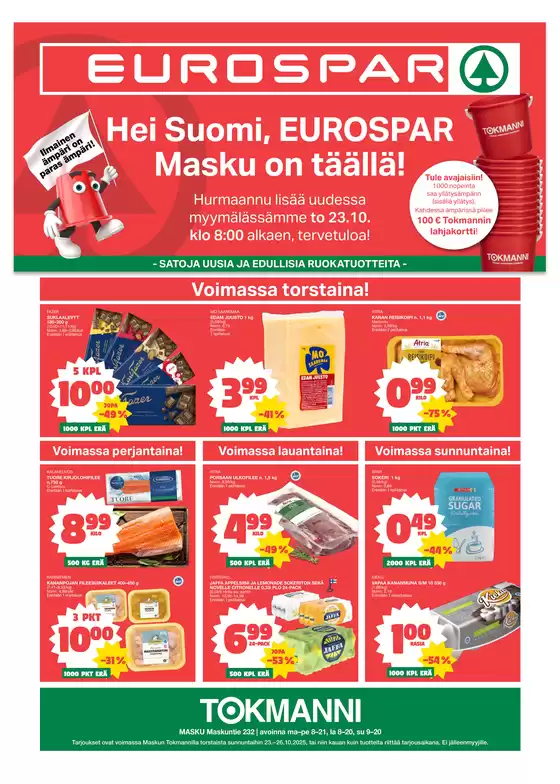 Tokmanni -luettelo, Hyvinkää | EUROSPAR Masku Avajaistarjoukset | 2025-10-23T00:00:00.000Z - 2025-11-06T00:00:00.000Z