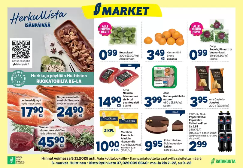 S-Market -luettelo, Närpiö | S-market Huittinen Lauttakylä-lehti 5.11.2025 | 2025-11-05T00:00:00.000Z - 2025-11-09T00:00:00.000Z