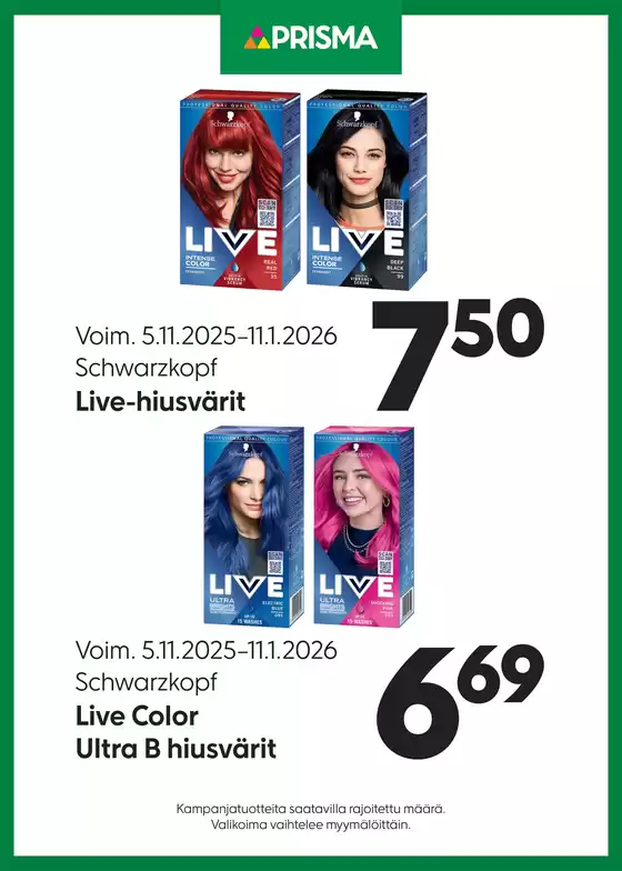 Prisma -luettelo, Valkeakoski | Prisma hiusvärit 5.11.–11.1. | 2025-11-05T00:00:00.000Z - 2026-01-11T00:00:00.000Z