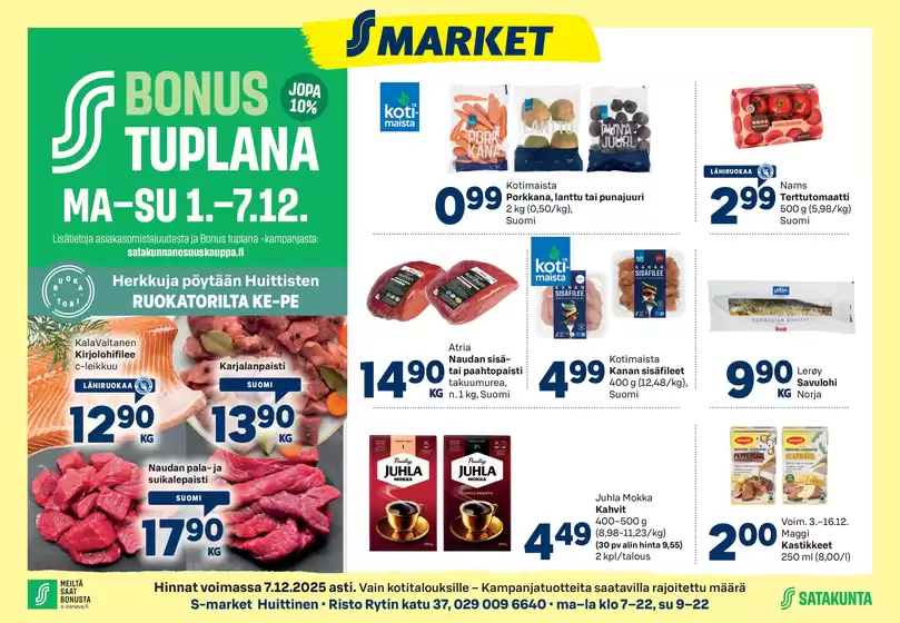 S-Market -luettelo, Hankasalmi | S-market Huittinen Lauttakylä-lehti 3.12.2025 | 2025-07-01T00:00:00.000Z - 2025-12-07T00:00:00.000Z