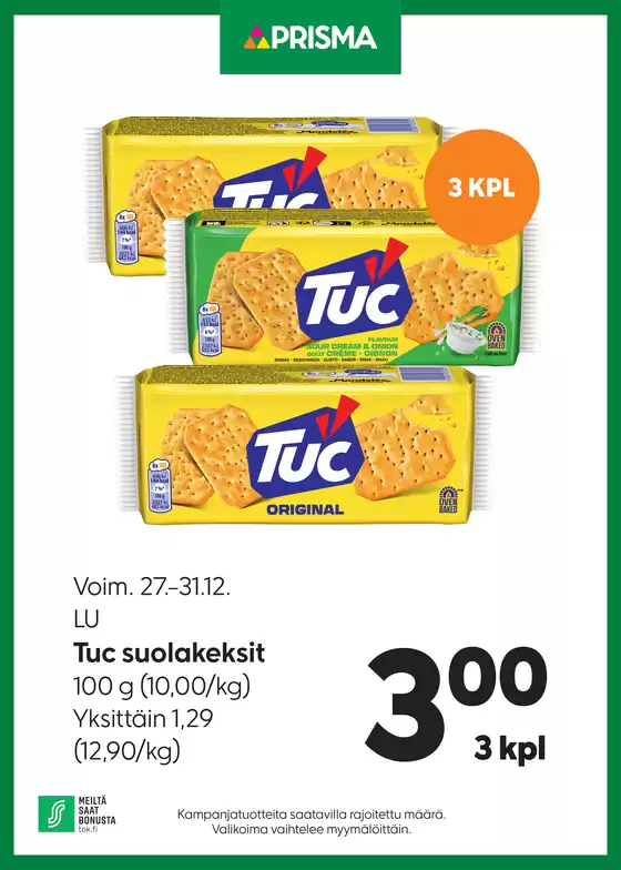 Prisma -luettelo, Sodankylä | TOK Prisma Tuc suolakeksit 27.–31.12. | 2025-12-27T00:00:00.000Z - 2025-12-31T00:00:00.000Z