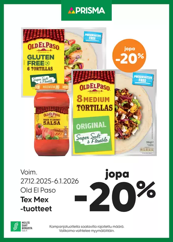 Prisma -luettelo, Sodankylä | TOK Prisma Old El Paso 27.12.-6.1. | 2025-12-27T00:00:00.000Z - 2026-01-06T00:00:00.000Z