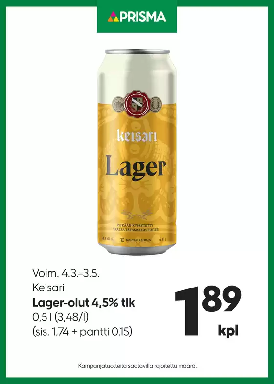 Prisma -luettelo, Lahti | Prisma Keisari Lager-olut 4.3.3.5. | 2026-03-04T00:00:00.000Z - 2026-03-18T00:00:00.000Z
