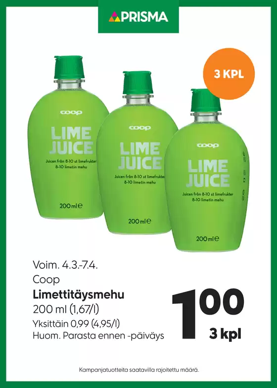 Prisma -luettelo, Lahti | Prisma Limettitäysmehu 4.3.-7.4. | 2026-03-04T00:00:00.000Z - 2026-04-07T00:00:00.000Z
