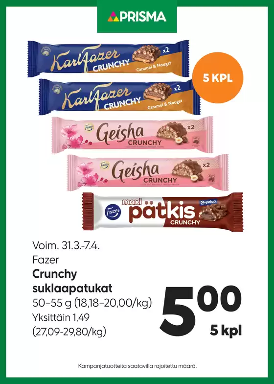 Prisma -luettelo, Espoo | Prisma suklaapatukat 31.3.-7.4. | 2026-03-31T00:00:00.000Z - 2026-04-07T00:00:00.000Z