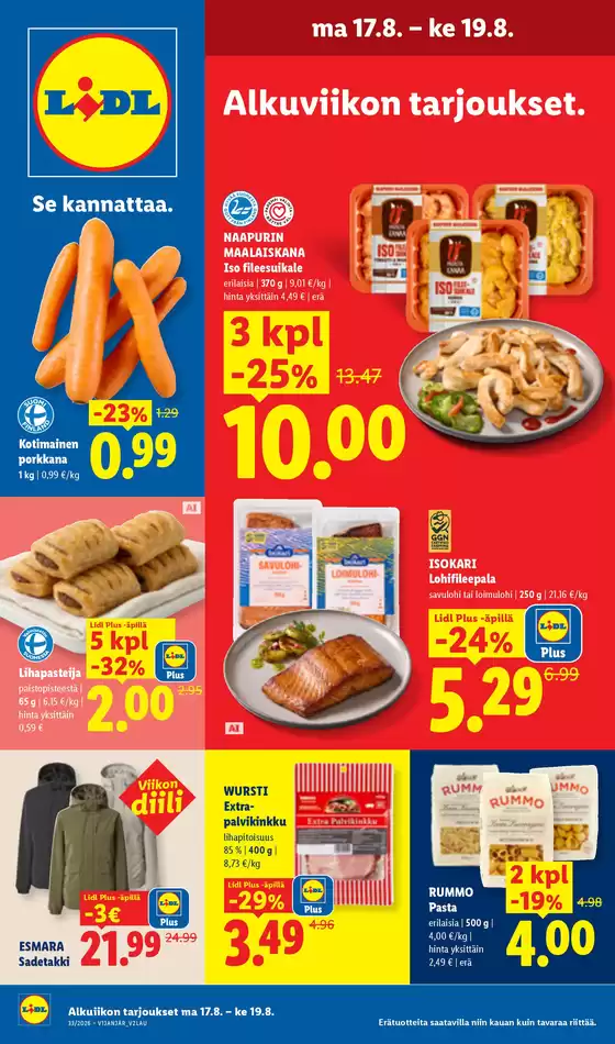 Lidl -luettelo, Kuopio | ma 17.8. ke 19.8. | 2026-08-17T00:00:00.000Z - 2026-08-19T00:00:00.000Z