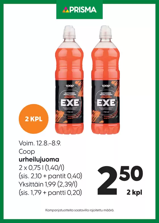 Prisma -luettelo | TOK Coop urheilujuoma 12.-8-8.9. | 2026-08-12T00:00:00.000Z - 2026-09-08T00:00:00.000Z