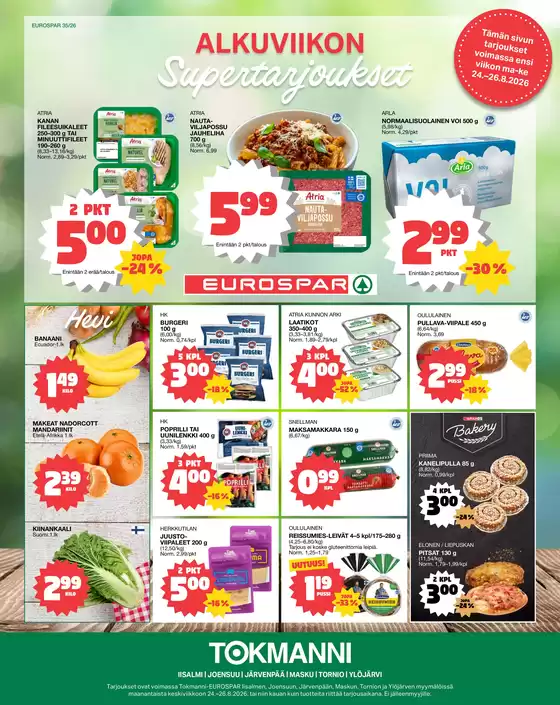 Tokmanni -luettelo, Sotkamo | Eurospar ruokasanomat | 2026-08-24T00:00:00.000Z - 2026-08-26T00:00:00.000Z