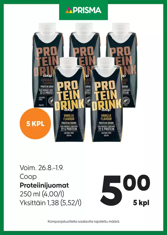 Prisma -luettelo, Kerava | TOK Prisma Proteiinijuomat 26.8.1.9. | 2026-08-26T00:00:00.000Z - 2026-09-01T00:00:00.000Z