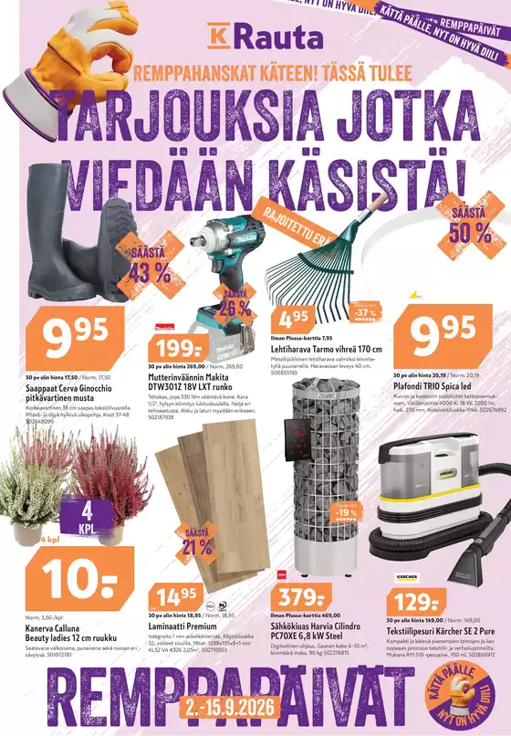 K-Rauta -luettelo, Kotka | Remppapaivat vko 36 37 | 2026-09-02T00:00:00.000Z - 2026-09-15T00:00:00.000Z