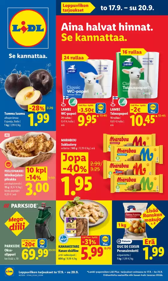 Lidl -luettelo | to 17.9. su 20.9. | 2026-09-17T00:00:00.000Z - 2026-09-20T00:00:00.000Z