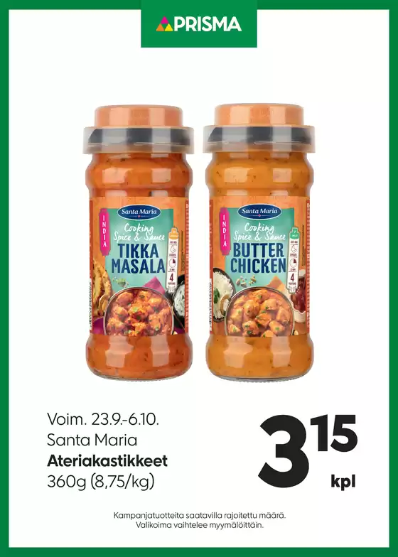 Prisma -luettelo | TOK Prisma Santa Maria Ateriakastikkeet 23.9.-6.10. | 2026-09-23T00:00:00.000Z - 2026-10-06T00:00:00.000Z