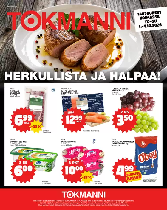 Tokmanni -luettelo | Ruokasanomat | 2026-10-01T00:00:00.000Z - 2026-10-04T00:00:00.000Z