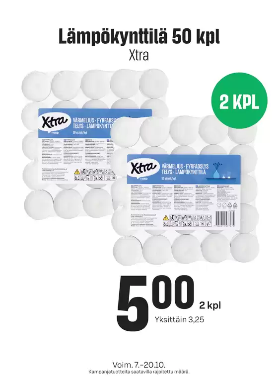 Prisma -luettelo | TOK Prisma Xtra lämpökynttilä 7. - 20.10. | 2026-10-07T00:00:00.000Z - 2026-10-20T00:00:00.000Z