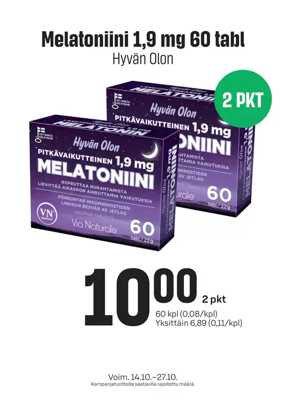Prisma -luettelo | TOK Prisma Melatoniini 14.-27.10. | 2026-10-14T00:00:00.000Z - 2026-10-27T00:00:00.000Z