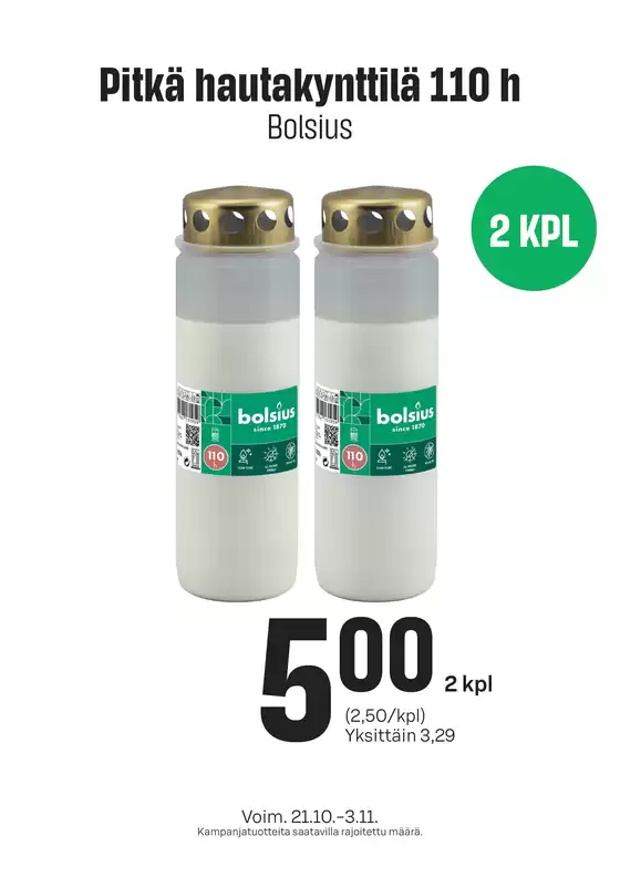 Prisma -luettelo | TOK Prisma hautakynttilä 21.10.-3.11. | 2026-10-21T00:00:00.000Z - 2026-11-03T00:00:00.000Z