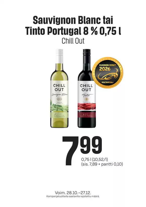 Prisma -luettelo | TOK Prisma Chill Out viini 28.10.27.12. | 2026-10-28T00:00:00.000Z - 2026-12-27T00:00:00.000Z