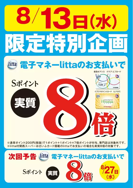 枕崎市でのイズミヤのカタログ | 8月13日(水)限定特別企画！電子マネーlittaのお支払いでおトク！ | 2025-08-11T00:00:00.000Z - 2025-08-13T00:00:00.000Z