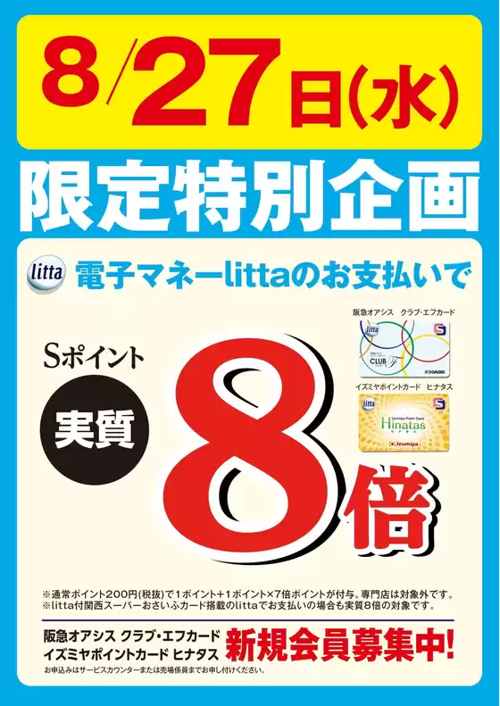 岡崎市でのイズミヤのカタログ | 8月27日(水)限定特別企画！電子マネーlittaのお支払いでおトク！ | 2025-08-25T00:00:00.000Z - 2025-08-27T00:00:00.000Z