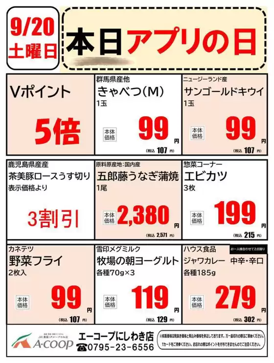 三次市でのエーコープ近畿のカタログ | 本日アプリの日企画 | 2025-09-20T00:00:00.000Z - 2025-09-20T00:00:00.000Z