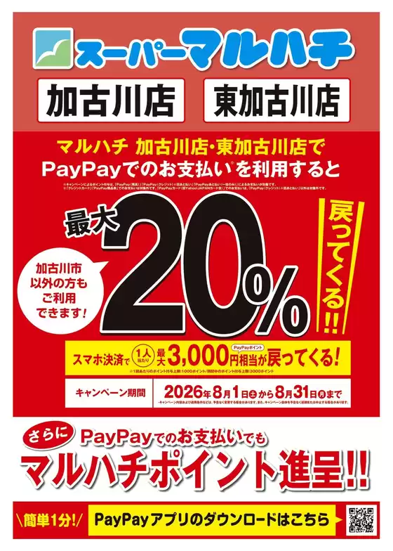 マルハチのカタログ | 加古川市PayPayキャンペーン開催中!マルハチ加古川店・東加古川店でご利用出来ます! | 2026-07-31T00:00:00.000Z - 2026-08-31T00:00:00.000Z