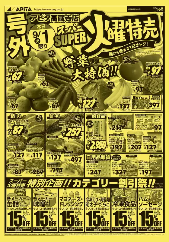 アピタのカタログ | 倹約家のためのトップオファー | 2026-08-31T00:00:00.000Z - 2026-09-02T00:00:00.000Z