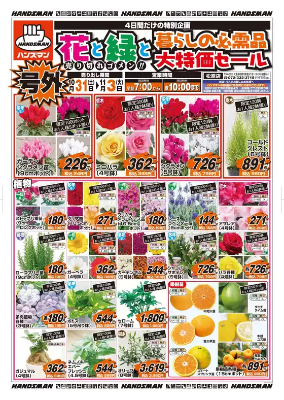 ハンズマンのカタログ | 【号外】花と緑と暮らしの必需品大特価セール | 2026-10-30T00:00:00.000Z - 2026-11-03T00:00:00.000Z