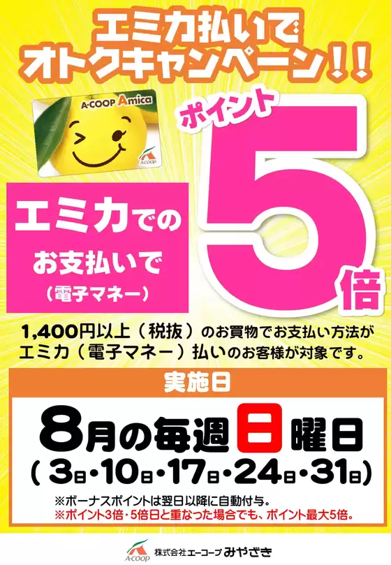 小豆郡でのエーコープみやざきのカタログ | すべての掘り出し物ハンターのためのトップオファー | 2025-08-03T00:00:00.000Z - 2025-08-31T00:00:00.000Z