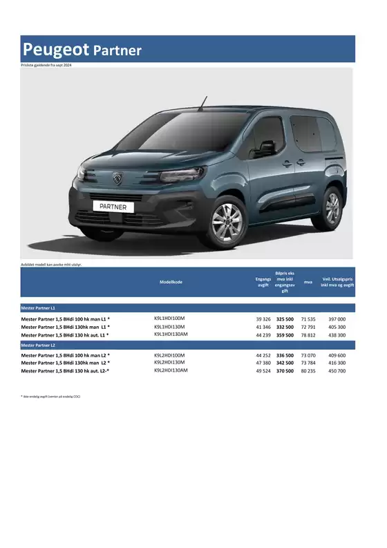 Last ned prisliste for Peugeot Partner