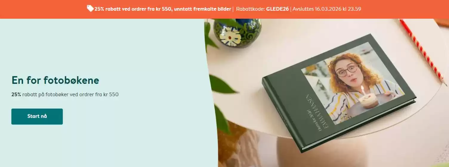 Fotoknudsen-katalog i Vestby | 25% rabatt ved ordrer fra kr 550, unntatt fremkalte bilder. Rabattkode GLEDE26 | 2026-03-12T00:00:00.000Z - 2026-03-16T00:00:00.000Z