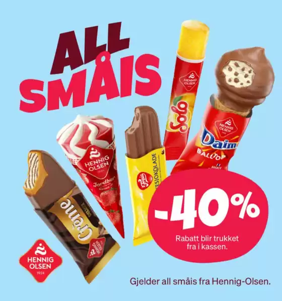 Deli de Luca-katalog i Orkanger | -40% Rabatt blir trukket fra i kassen. Gjelder all småis fra Hennig-Olsen. | 2026-03-19T00:00:00.000Z - 2026-03-31T00:00:00.000Z