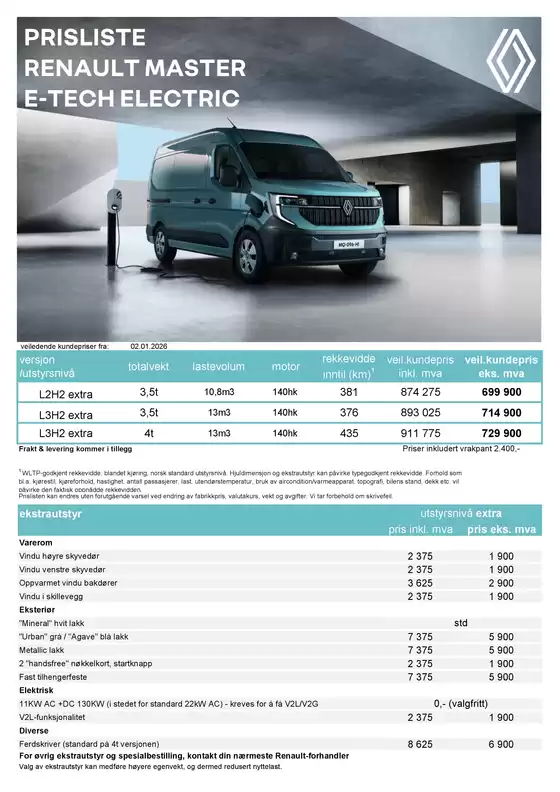 Renault kundeavis i Skien | Prisliste Master E Tech Electric 02.01.2026 2 | 2026-07-17T00:00:00.000Z - 2026-07-31T00:00:00.000Z
