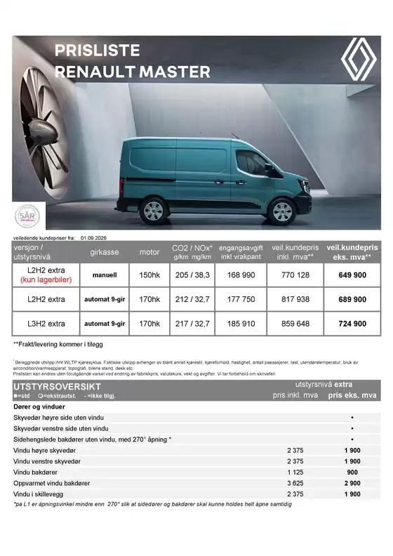 Renault-katalog | Prisliste 0109 Master diesel uten frakt | 2026-09-02T00:00:00.000Z - 2026-09-16T00:00:00.000Z