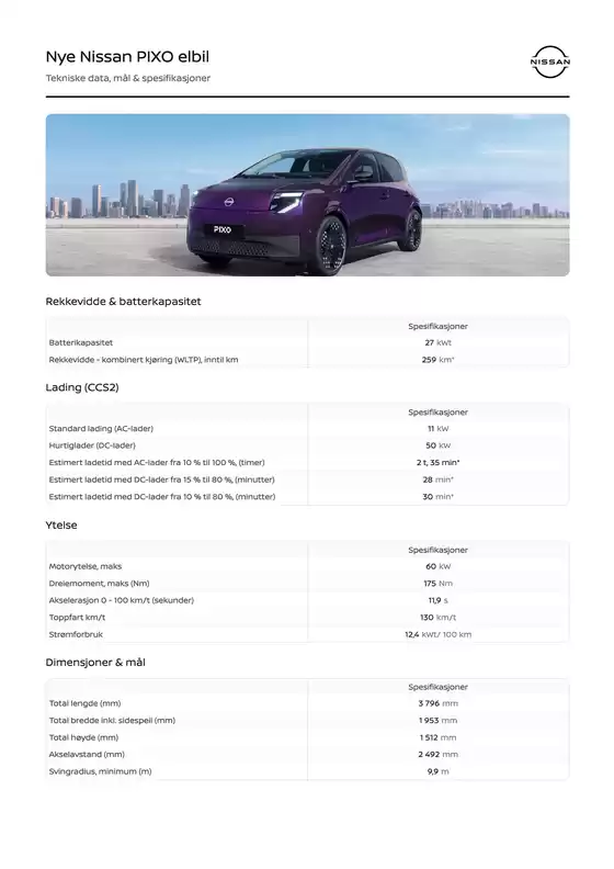 Nissan-katalog | Tekniske data Nye Nissan PIXO elbil | 2026-09-24T00:00:00.000Z - 2026-10-08T00:00:00.000Z