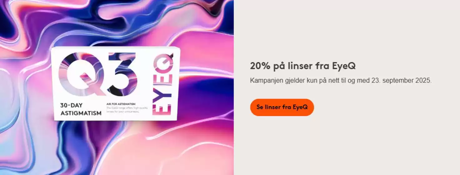 Synsam-katalog i Geilo | 20% på linser fra EyeQ | 2025-08-25T00:00:00.000Z - 2025-09-23T00:00:00.000Z