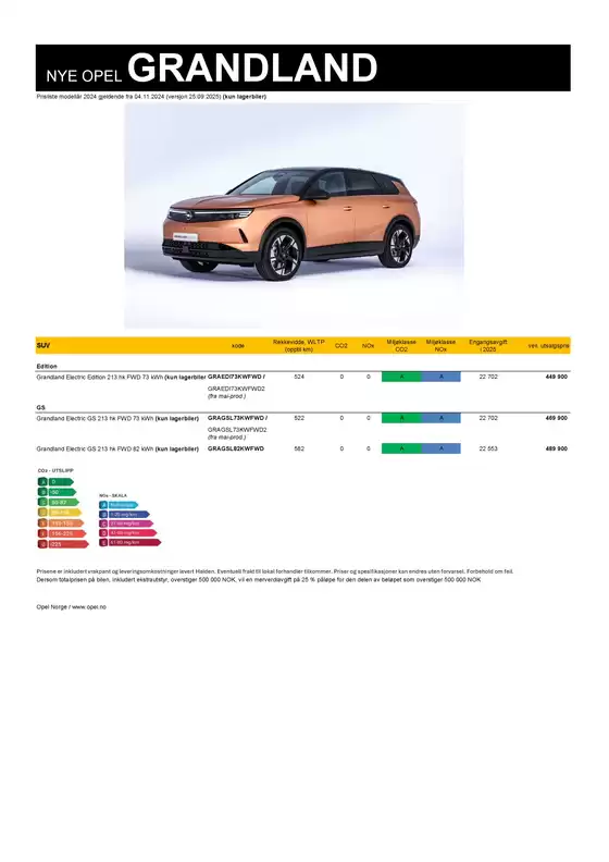 Prisliste Opel Grandland Electric