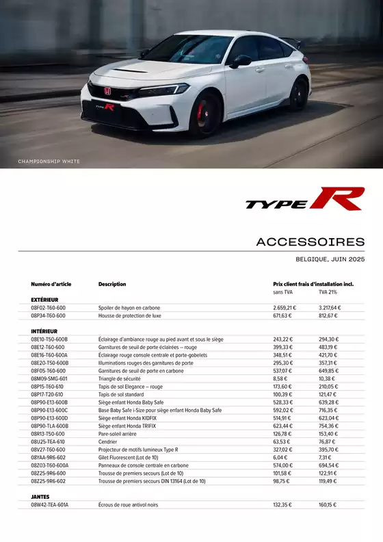 Catalogue Honda à Tienen | Honda Civic Type R — Liste de prix des accessoires | 2025-09-11T00:00:00.000Z - 2026-09-11T00:00:00.000Z