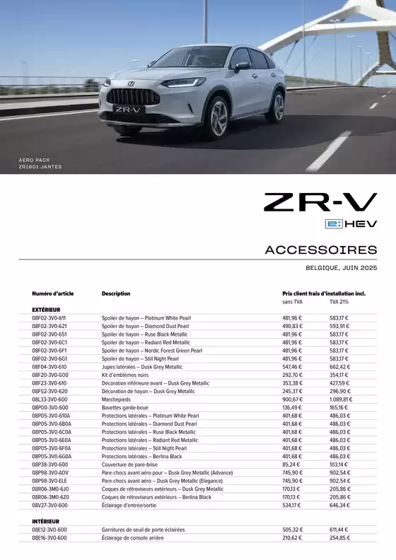 Catalogue Honda à Hamois | Honda ZR-V e:HEV — Liste de prix des accessoires | 2025-09-11T00:00:00.000Z - 2026-09-11T00:00:00.000Z