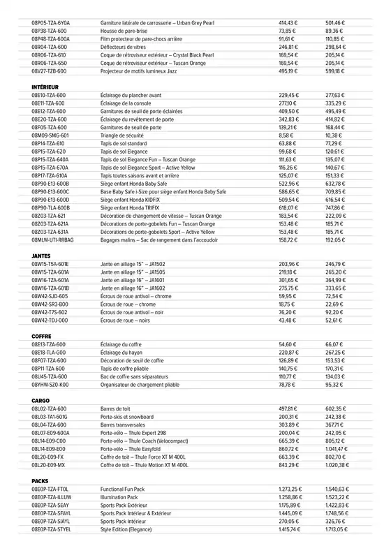 Honda Jazz e:HEV — Liste de prix des accessoires