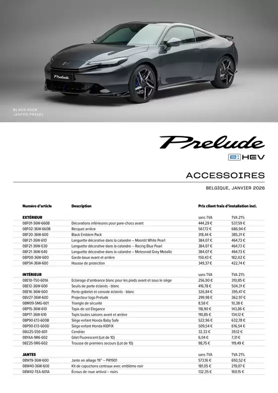 Catalogue Honda | Honda Prelude e:HEV Liste de prix des accessoires | 2026-01-01T00:00:00.000Z - 2026-01-31T00:00:00.000Z