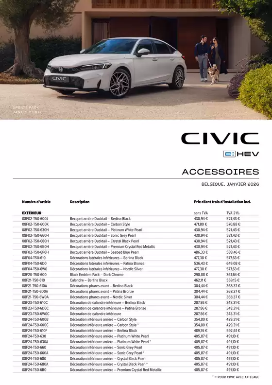 Catalogue Honda | Honda Civic e:HEV Liste de prix des accessoires | 2026-01-01T00:00:00.000Z - 2026-01-31T00:00:00.000Z