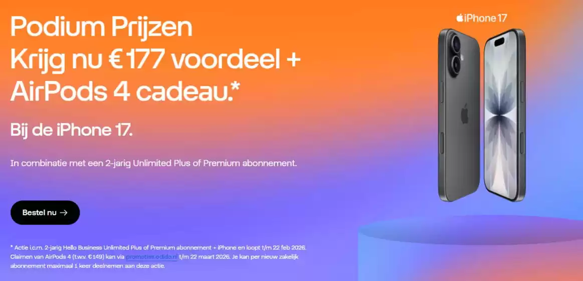 Catalogus van Odido in Abcoude | Podium Prijzen Krijg nu €177 vordeel + AirPods 4 cadeau | 2026-01-28T00:00:00.000Z - 2026-02-22T00:00:00.000Z