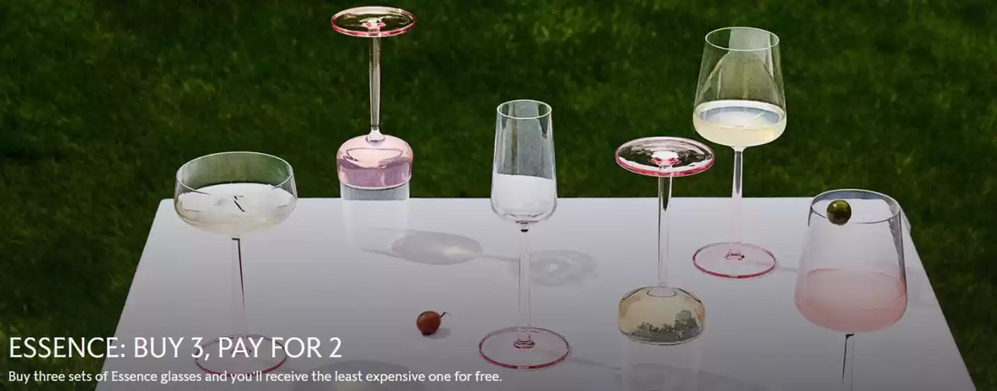 Catalogus van Iittala | Buy three sets of Essence glasses and you'll receive the least expensive one for free. | 2026-02-19T00:00:00.000Z - 2026-02-22T00:00:00.000Z