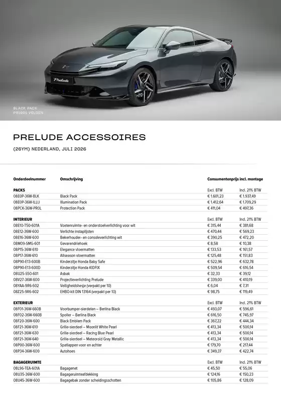 Catalogus van Honda | Honda Prelude e:HEV Accessoires prijslijst | 2026-07-01T00:00:00.000Z - 2026-07-31T00:00:00.000Z